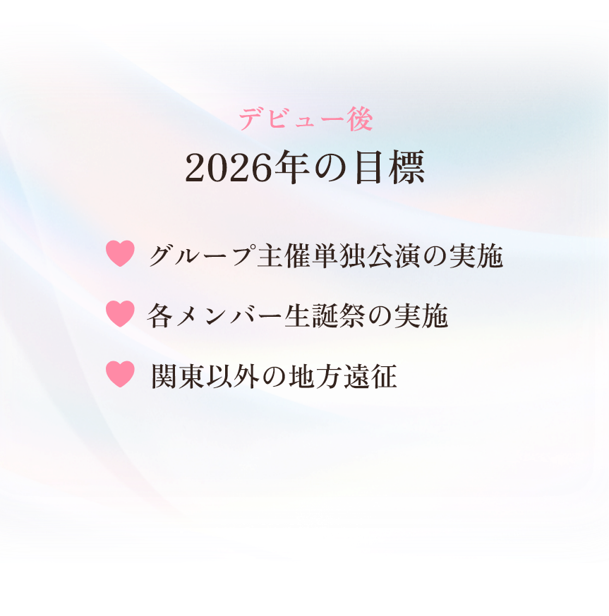 デビュー後2026年の目標「グループ主催単独公演の実施」「各メンバー生誕祭の実施」「関東以外の地方遠征」